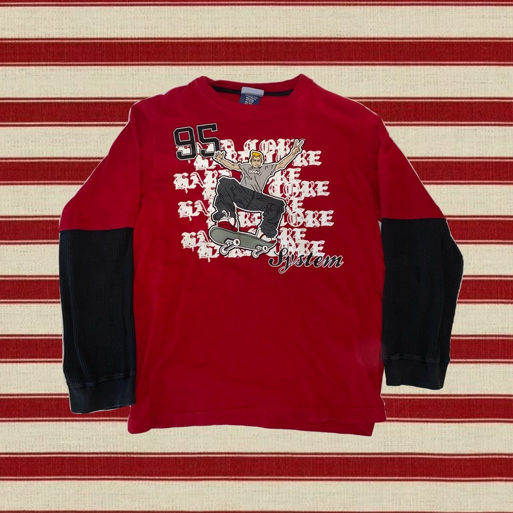 Red and Black Long Sleeve Graphic Tee